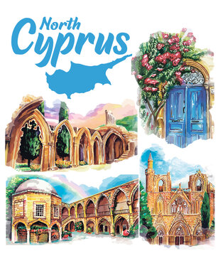Set of Hand drawn watercolor drawing of Cyprus landmarks, illustration art.