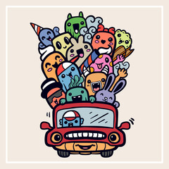 A collection of cute little doodle monsters riding a car isolated on white background 