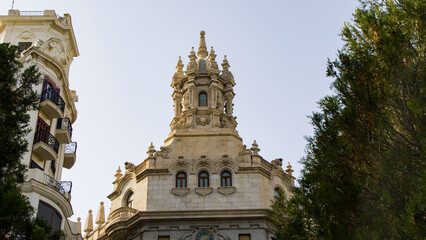 cloe up Top of tower 19th century Building Valencia Spain