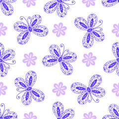 Two-tone pattern with openwork painted butterflies and flowers in lilac tones on a transparent background. Seamless texture. Vector eps 10