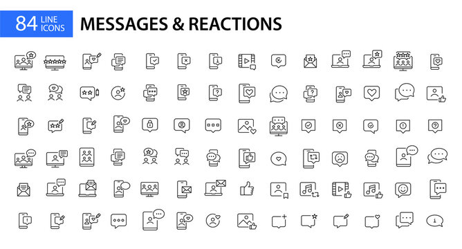 84 Messages And Social Media Reactions Icons. Pixel Perfect, Editable Stroke, Line Art