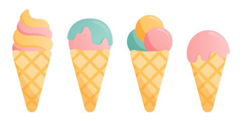 Set illustrations of ice cream cones. Summertime design elements 