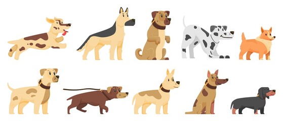 Cute dogs set of pets static and in action, cartoon style