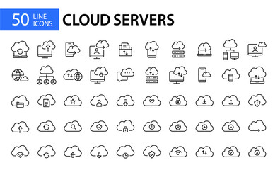 Fototapeta na wymiar 50 cloud storage server icons. Pixel perfect, editable stroke line art