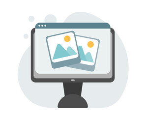 Photo picture online album and digital gallery. Watching on website or internet electronic photography images files on pc computer. Vector flat illustration