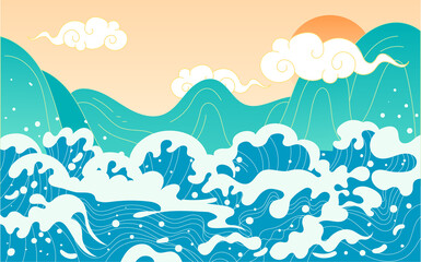 Fototapeta na wymiar Dumplings are rowing a dragon boat for the Dragon Boat Festival with waves and mountain peaks in the background, vector illustration