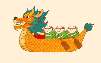 Dumplings are rowing a dragon boat for the Dragon Boat Festival with waves and mountain peaks in the background, vector illustration