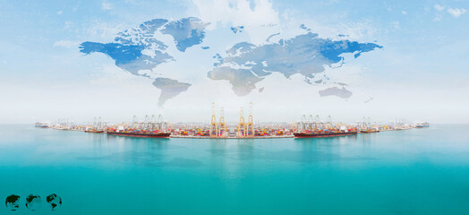 Island for Container ship loading and unloading, World map with logistic network distribution....