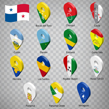 Fourteen flags the Provinces of Panama -  alphabetical order with name.  Set of  3d geolocation signs like flags Provinces of Panama. Fourteen one 3d geolocation signs for your design. EPS10