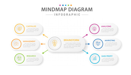 Infographic template for business. 6 Steps Modern Mindmap diagram with title topics, presentation vector infographic.