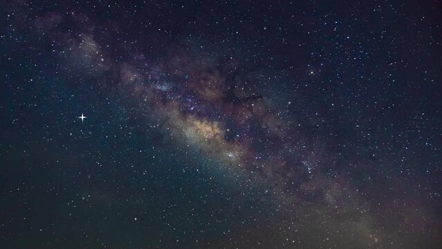 Milky Way galaxy exploration through outer space towards glowing milky way galaxy. 4K looping animation of flying through glowing nebulae, clouds and stars field. Animation video 