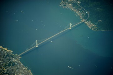 Aerial Photography of Akashi Kaikyo Bridge taken with old lens - obrazy, fototapety, plakaty