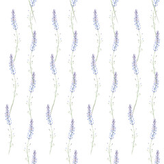 Watercolor seamless floral pattern – lilac lavender flowers on white background. For wallpapers, postcards, wrappers, greeting cards, wedding invitations