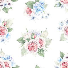 Watercolor seamless floral pattern – pink and blue flowers, green leaves and bouquets on white background. For wallpapers, postcards, wrappers, greeting cards, wedding invitations
