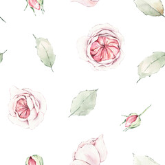 Watercolor seamless floral pattern &ndash; pink roses and green leaves on white background. For wallpapers, postcards, wrappers, greeting cards, wedding invitations