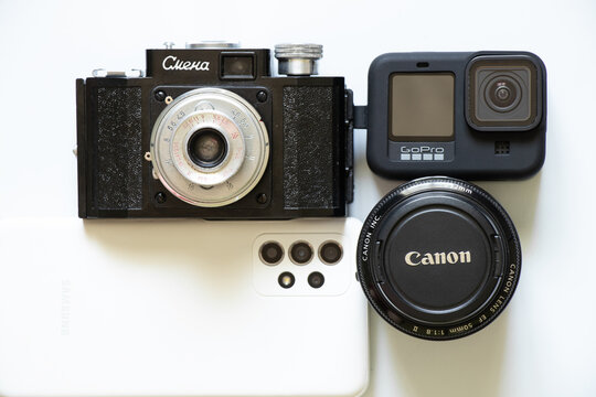 Ukraine Dnepr 30.04.2022 - Camera Smena - USSR 1952, GoPro HERO 9 cameras black and Samsung Galaxy A52 and Canon Lens camcorder, photographer's collection