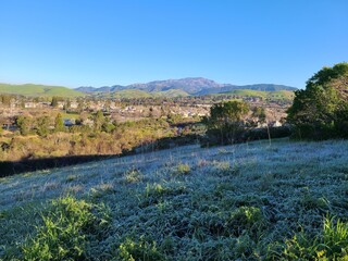 Fototapeta na wymiar Winter Frost on the hillside meadow in the foothills of Diablo range, San Ramon, California