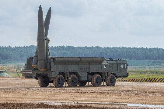 MOSCOW REGION, RUSSIA - AUGUST 25, 2020: Launcher of the Russian missile system of Iskander-M ont the Alabino training ground. International military-technical forum "Army-2020"