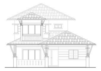2D CAD 2 story house external elevation drawing complete with facade decoration, window and door. Drawing produced in black and white. 
