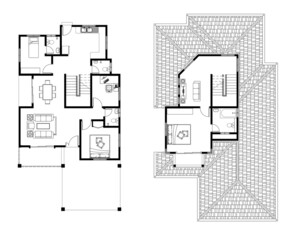 2D CAD 2 story house layout plan drawing with 3 bedrooms complete with 2 bathrooms, balcony, furniture, kitchen, living room porch and furniture. Drawing produced in black and white. 