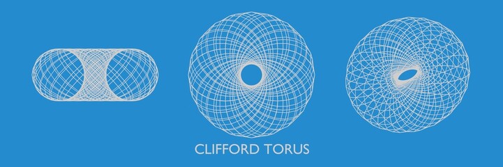 Clifford torus. Set of different types of abstract clifford torus geometric figure. Blue background. Blueprint. 3d illustration - obrazy, fototapety, plakaty