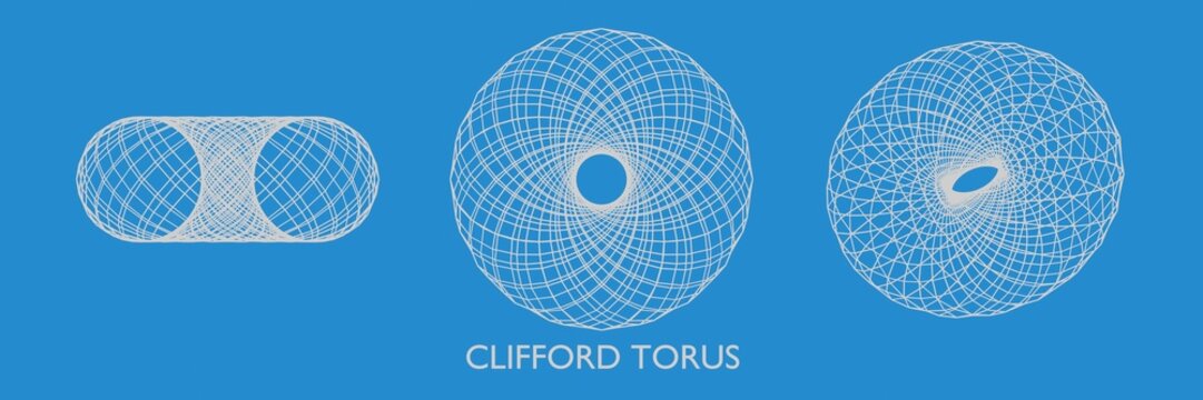 Clifford torus. Set of different types of abstract clifford torus geometric figure. Blue background. Blueprint. 3d illustration