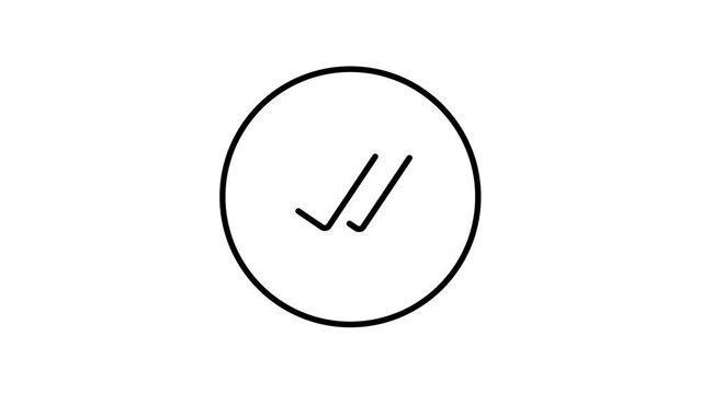Double check line icon inside circle, received mark, black and white outline, line icons animation.	
