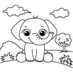 Elephant with landscape cartoon coloring page illustration vector. For kids coloring book.