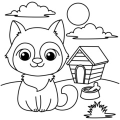 Husky dog with landscape cartoon coloring page illustration vector. For kids coloring book. © deny
