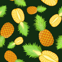 Whole and cut pineapple random repeat seamless pattern. Tropical fruit endless texture. Irregular boundless background. Bright summer surface design. Editable tile for textile, stationery, interior