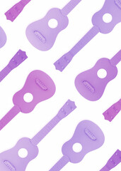 Minimal blues, jazz, rock or folk pattern made of purple cutouts of guitars on isolated pastel white background. Note card or wallpaper concept. Flat lay 3d illustration. Abstract music texture.