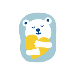 Polar bear hugging a heart, flat vector symbol design