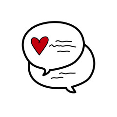 Love messages with red heart isolated on white background. Doodle icon. Vector illustration.