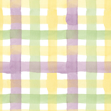 Seamless pattern with watercolor tartan on white. 