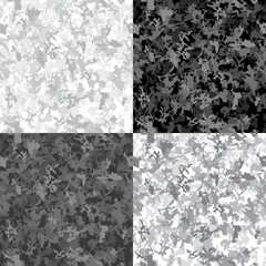 Vector camouflage seamless pattern set. Abstract hunting military camo endless texture. Monochrome black grey white modern illustration