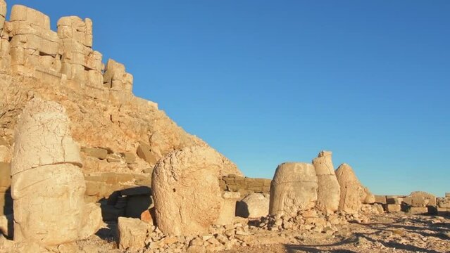 Static view Statues on top of the Nemrut Mountain in Adiyaman, Turkey. Morning sunrise east side Nemrut Dagi