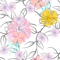 Pink Flowers Blooming Pattern. Pastel Watercolor.