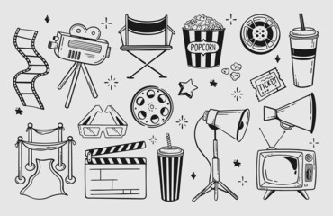 Movie theater set of elements hand-drawn with a line for festivals and holidays Vector illustration in the style of a doodle isolated on a gray background - obrazy, fototapety, plakaty