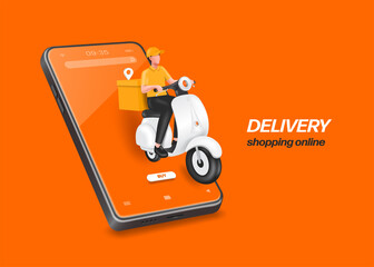 Male food delivery man in yellow uniform sits on scooter or motorcycle with a box and pin location in the back and all place on smart screen,vector 3d character for online shopping and delivery design