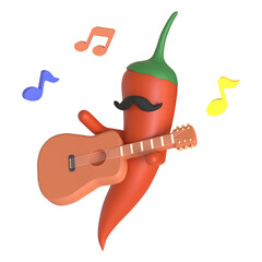 Red chili pepper playing guitar 3D Illustration
