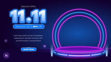 11.11 neon podium banner sale modern background