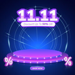 11.11 neon podium sale post template with percent background