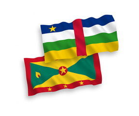 National vector fabric wave flags of Central African Republic and Grenada isolated on white background. 1 to 2 proportion.