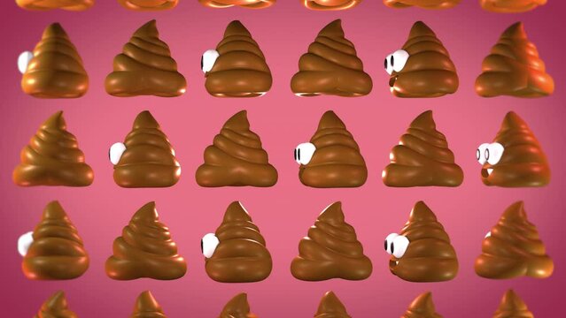 Fun Web Humor Animation Of Smiling Poop Icons Turning In Pink Background. Social Media Web Humor Background Concept. Web Humor Background With Multiple Turds Emoji Characters. Social Network