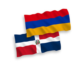 National vector fabric wave flags of Dominican Republic and Armenia isolated on white background. 1 to 2 proportion.
