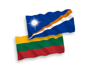 National vector fabric wave flags of Lithuania and Republic of the Marshall Islands isolated on white background. 1 to 2 proportion.
