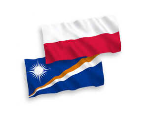 National vector fabric wave flags of Republic of the Marshall Islands and Poland isolated on white background. 1 to 2 proportion.