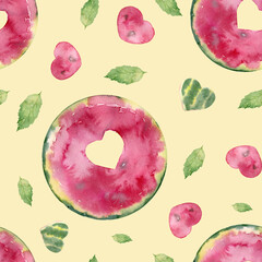 Watercolor seamless pattern with sweet juicy watermelon.