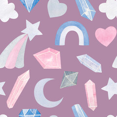 Hand-drawn watercolor seamless pattern with crystals