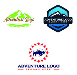 A set of adventure logo with symbol mountain and circle star bison strong animal vector illustration
